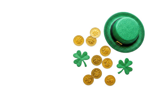St patricks day symbols green hat, gold coins, and shamrocks isolated on transparent background - Powered by Adobe
