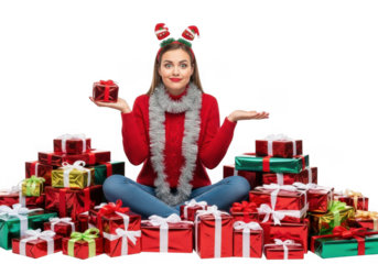 Young woman in red sweater and festive headband sitting crosslegged surrounded by many christmas presents, isolated on transparent background