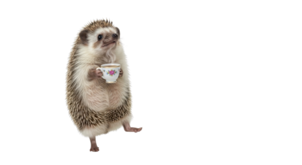 Cute hedgehog holding a small teacup isolated PNG with Transparent Background