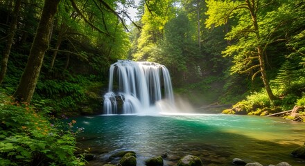 Lush green forest waterfall cascading into a turquoise pool