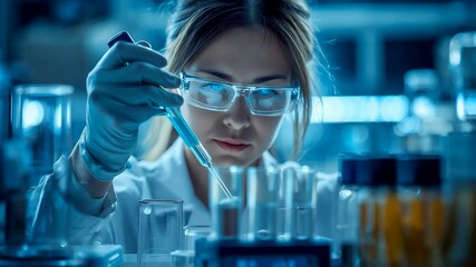 Female scientist in safety goggles and gloves using pipette in modern blue laboratory with test tubes - Powered by Adobe