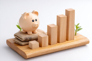 Financial growth concept with piggy bank and wooden bar graph on wooden base