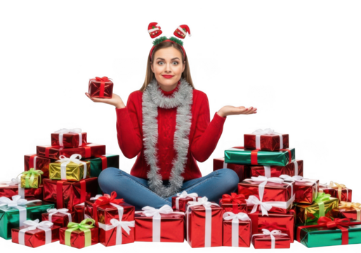 Young woman in red sweater and festive headband sitting crosslegged surrounded by many christmas presents, isolated on transparent background - Powered by Adobe