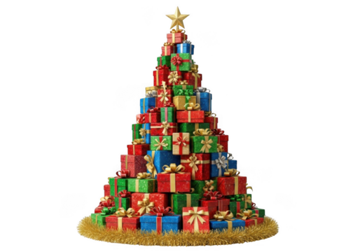 Christmas tree made entirely of stacked colorful gift boxes with a golden star on top, isolated on transparent background