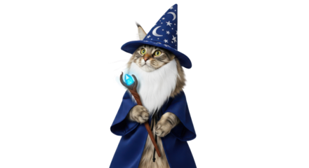 Funny cat wearing a wizard costume with magic wand isolated PNG with Transparent Background
