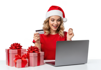 Woman in santa hat holding credit card and looking at laptop with gifts, isolated on transparent background