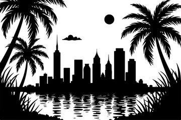 Tropical City Skyline Vector Black