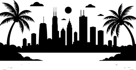 Tropical City Skyline Vector Black
