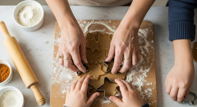 Overhead Close-up: Diverse Hands Baking Gingerbread Cookies for Christmas Holidays in a Cozy Kitchen