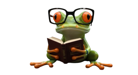 Frog reading book wearing eyeglasses isolated PNG with Transparent Background