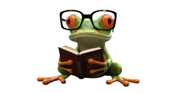 Frog reading a book wearing glasses isolated PNG with Transparent Background