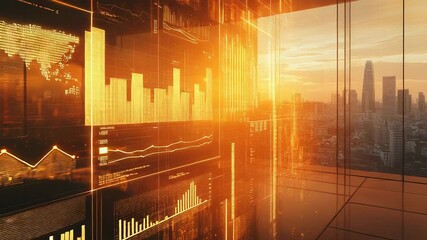 Financial data analysis displaying on glass screen in modern office - Powered by Adobe