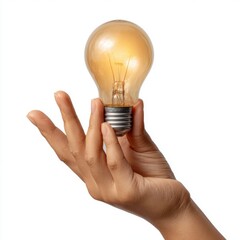 Hand holds glowing light bulb symbolizing innovation, idea, creativity isolated on white background