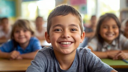 Smiling young boy in classroom with happy diverse classmates sitting behind him in bright school setting - Powered by Adobe