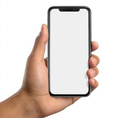 Hand holding modern smartphone with blank screen for custom content isolated on white background