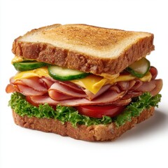 Classic toasted ham and cheese sandwich with fresh vegetables on white isolated on white background