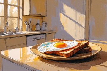 Sketch of Fried Egg with Toast