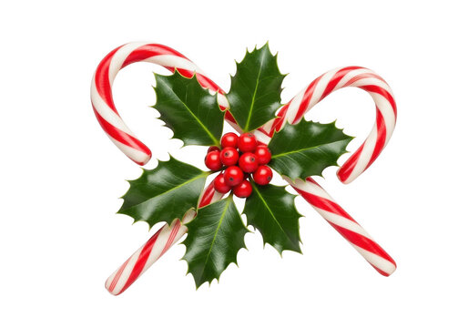 Two candy canes forming a heart shape with holly leaves and red berries, isolated on transparent background - Powered by Adobe