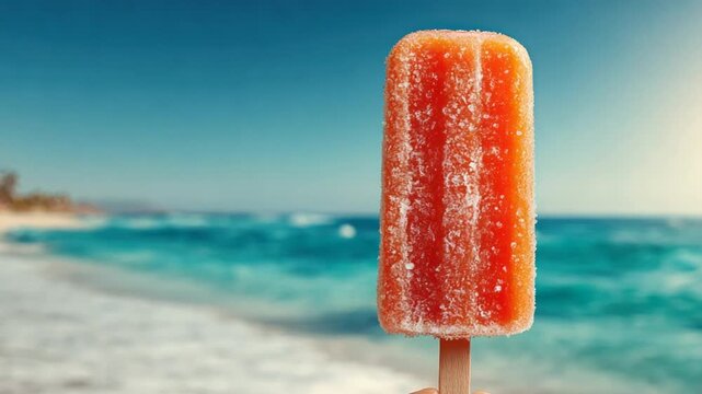Orange popsicle held against a blurred beach scene
