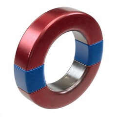 Red and blue horseshoe magnet bent into a circular shape on white isolated on white background