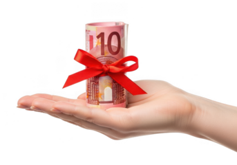 Hand holding a rolled up ten euro banknote tied with a red ribbon, isolated on transparent background