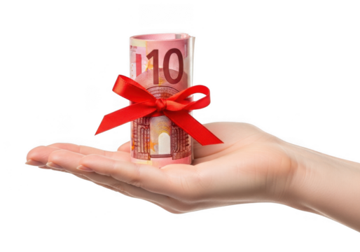 Hand holding a rolled up ten euro banknote tied with a red ribbon, isolated on transparent background