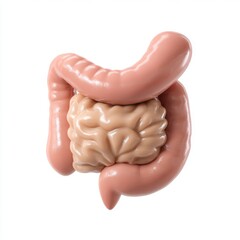 Anatomical model of human small and large intestines for education isolated on white background