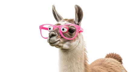 Obraz premium Funny llama with pink glasses isolated PNG with Transparent Background