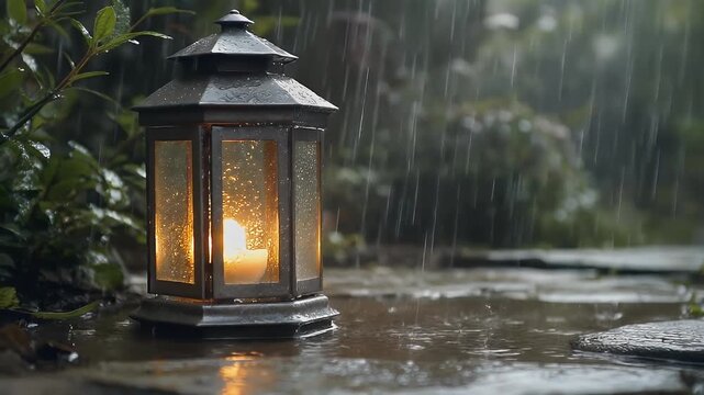 Solitary Lantern in a Storm: A vintage lantern illuminated by a single candle, sits stoically on a wet surface as a gentle rain falls, evoking a sense of solitude and calm amidst the elements. 