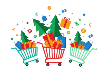 Three shopping carts filled with christmas trees and gift boxes, symbolizing holiday shopping and commerce isolated on transparent background