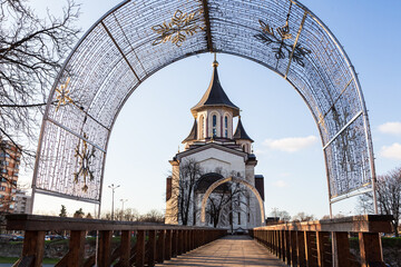Cathedral of the Resurrection of the Lord known as Sun Cathedral with Christmas decorations. Oradea, Romania