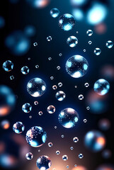 Glowing spheres in dark space with blue and orange light reflections.