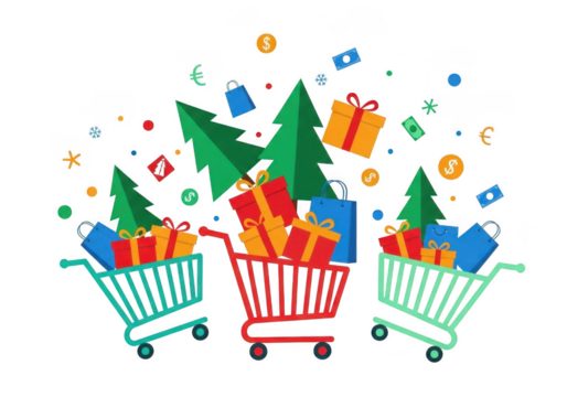 Three shopping carts filled with christmas trees and gift boxes, symbolizing holiday shopping and commerce isolated on transparent background