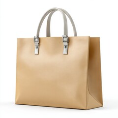 Stylish beige leather tote bag with elegant gray handles and details isolated on white background