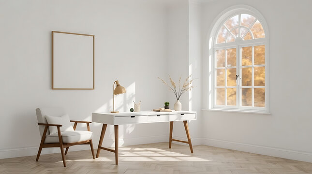 Serene modern home office with natural light, cozy armchair, and a blank frame inviting your personal touch for tranquil productivity