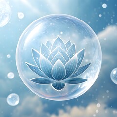 Magical glowing lotus flower inside a transparent bubble with soft light and bokeh