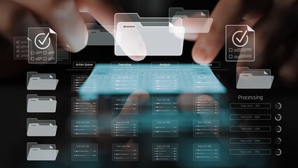 Project management system showing workflow stages, task progress, and review status. Task progress...