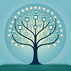 Digital tree of knowledge with circuit board branches and glowing nodes