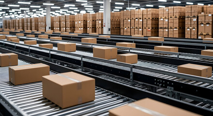 Logistics and Shipping Industry Concept. Cardboard Boxes on Conveyor Belt in a Modern Automated Storage Facility.