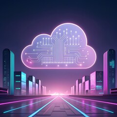 Futuristic glowing cloud data center above a neon city street