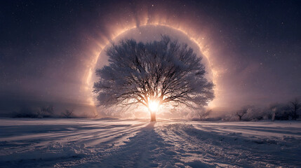 Enchanted winter landscape featuring a solitary oak tree under a dramatic sky