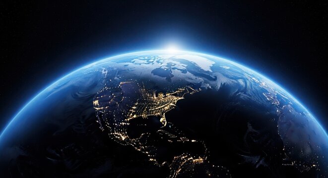 The earth viewed from space, with the sun rising over the curve of the planet, illuminating continents and city lights below