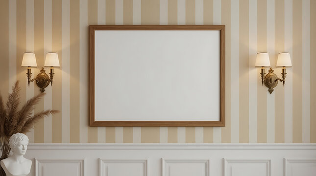 Elegant empty picture frame centered on striped wall above wainscoting with antique sconces and classical bust for interior design mockup