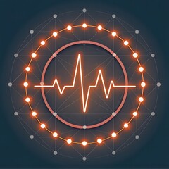 Digital heartbeat pulse line with glowing orbit and network connections