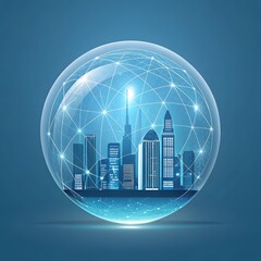 Futuristic cityscape enclosed in a digital network sphere
