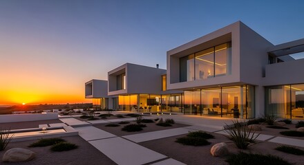 Luxurious modern villa with panoramic sunset views, glowing interior lights, and serene water features, perfect for exclusive real estate and aspirational lifestyle marketing.