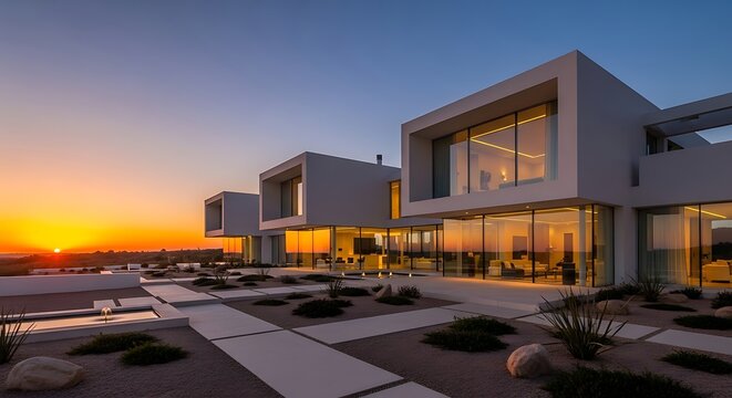 Luxurious modern villa with panoramic sunset views, glowing interior lights, and serene water features, perfect for exclusive real estate and aspirational lifestyle marketing.