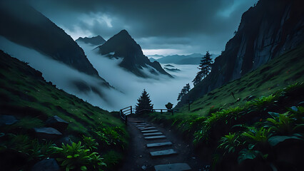 Misty Mountain Path at Dawn in Dramatic Foggy Valley