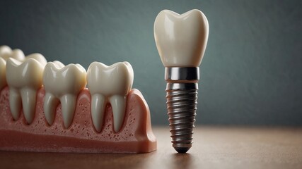Dental implant next to natural teeth on a textured background