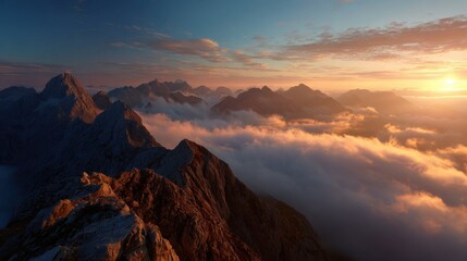 Naklejka premium Majestic mountain range at sunrise over clouds